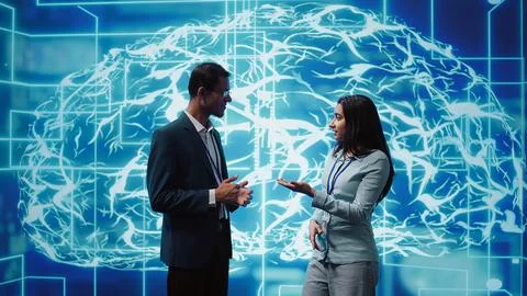 Startup employees using artificial intelligence to look at data 스톡 사진