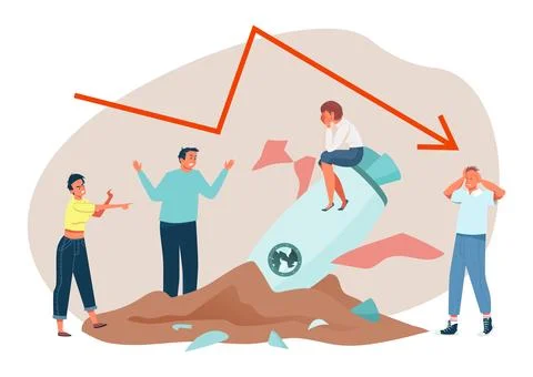 Startup financial failure, vector illustration, finance crisis graph with arrow Illustrazione stock