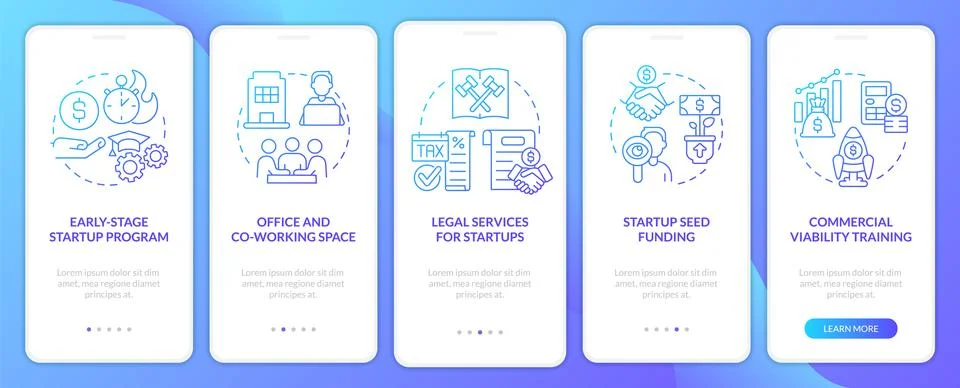 Startup funding sources blue gradient onboarding mobile app screen 스톡 일러스트