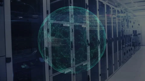 On startup globe fading over server racks, globe rotating, pulsing network lines Stock Footage 312415538