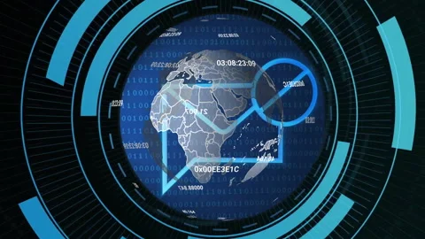 At startup globe rotating with binary codes, emerging HUD rings animating charts Stock Footage 313554279