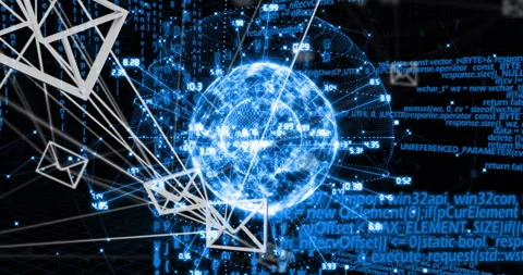 On startup glowing 3D mesh sphere rotating and revealing data overlays to Stock Footage 310298747