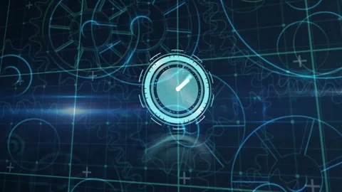 On startup glowing clock interface pulsing and rotating gears while light flares Stock Footage 312116118