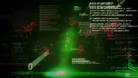 On startup green beam pulsing, scanning red clusters and sliding code panels Stock Footage 319573909