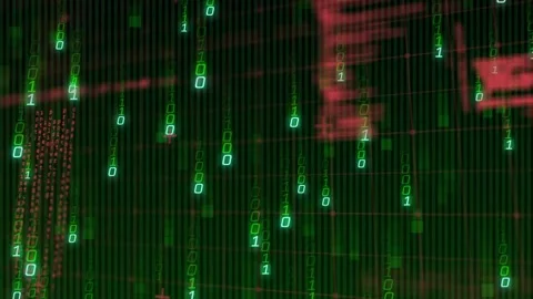 On startup green binary falling while red code shifting, crosshair appearing to 스톡 동영상 331198024