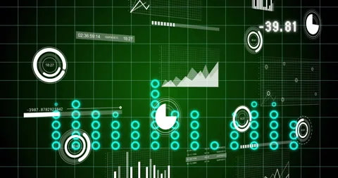 On startup grid HUD animating readouts rotating dial shifting nodes growing bars Stock Footage 315786976
