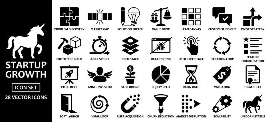 Startup growth vector icon set featuring twenty-eight minimalist black and .. Illustrazione stock