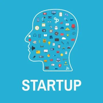 Startup head concept with business icons. Startup construction Stock Illustration