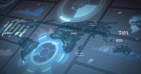 On startup, holo world map unfolding, radial HUD rotating, linking nodes to Stock Footage 328469554