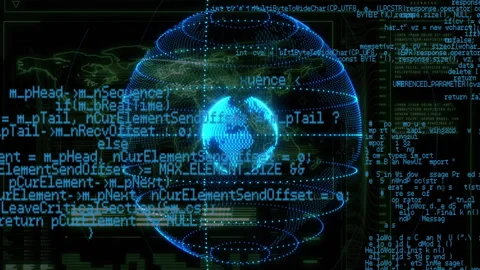 On startup holographic dotted globe rotating while code scrolling, rings Stock Footage 313241170