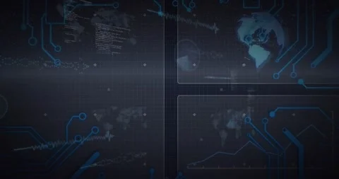 On startup HUD interface evolving, code scrolling, nodes pulsing, globe orbiting Stock Footage 328366239