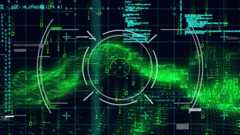 On startup HUD rings materializing rotating while green binary wave and code Video stock 312098868