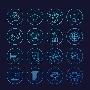 Startup icons, creative process, idea, initial capital, e-commerce, line vect Stock Illustration