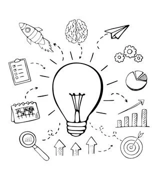 Startup idea light bulb concept with innovation elements business growth doodle  イラスト素材