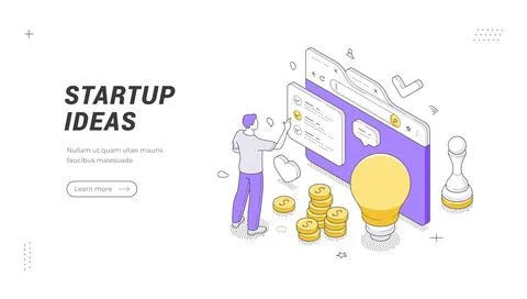 Startup Ideas banner template. An isometric vector illustration shows a man p Stock Illustration