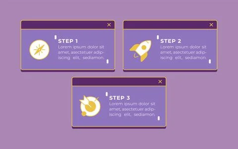 Startup ideas sharing retro operating system rectangular infographic 3 steps Stock Illustration