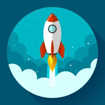 Startup illustration. Rocket in the clouds. Flat design style. Illustrazione stock