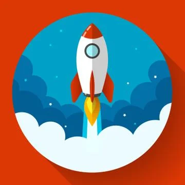 Startup illustration. Rocket in the clouds. Flat design style. Stock-Illustration