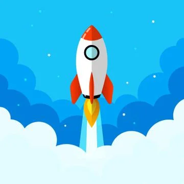 Startup illustration. Rocket in the clouds. Flat design style. Stock Illustration