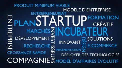 Startup, incubator word tag cloud - blue, French variant Stock Footage 68550040