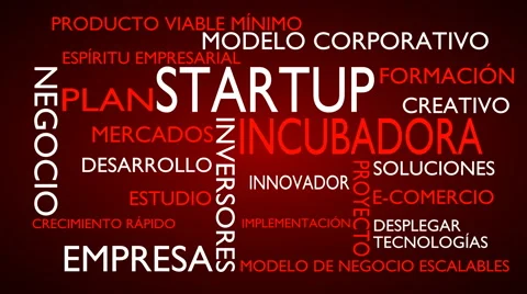 Startup, incubator word tag cloud - red, Spanish variant Stock Footage 68656170
