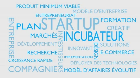 Startup, incubator word tag cloud - white, French variant Stock Footage 68860812