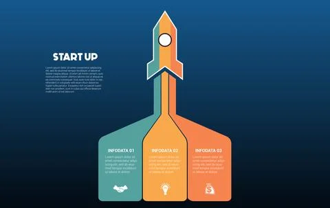 Startup infographic data template. 3 positions. Blue background. Launching ro Stock Illustration