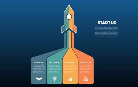 Startup infographic data template. 4 positions. Blue background. Launching ro Stock Illustration