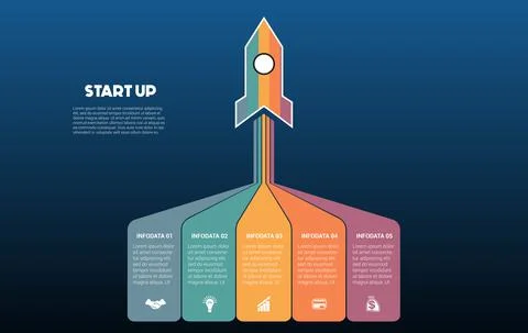 Startup infographic data template. 5 positions. Blue background. Launching ro Illustrazione stock