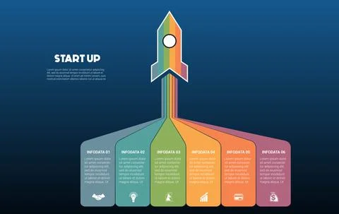 Startup infographic data template. 6 positions. Blue background. Launching ro Illustrazione stock