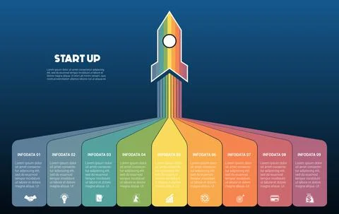 Startup infographic data template. 9 positions. Blue background. Launching ro Illustrazione stock