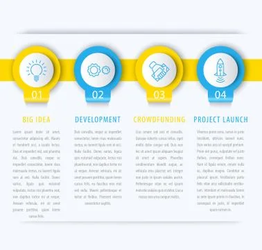 Startup infographic design elements, steps, timeline in blue and yellow, vect Illustrazione stock