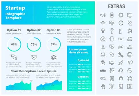 Startup infographic template, elements and icons. Illustrazione stock