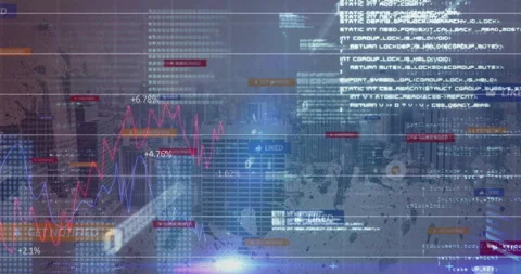 On startup interface overlay animating grid lines code snippets graphs metrics Stock Footage 309895465