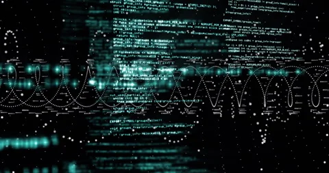 On startup interface sending code blocks scrolling while dotted waveform pulsing Stock Footage 311901370