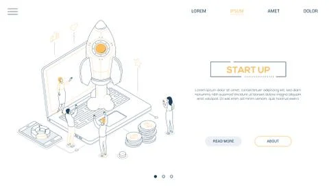 Startup - isometric line design style web banner Stock Illustration