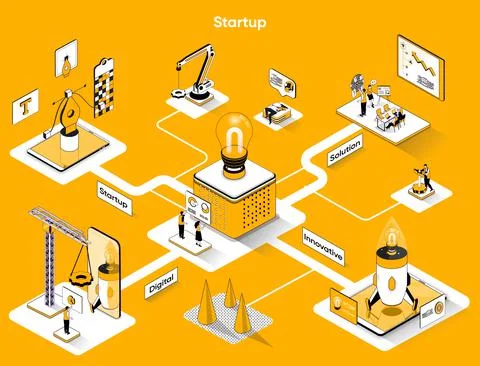 Startup isometric web banner. Innovation solution of business flat isometry c Stock Illustration