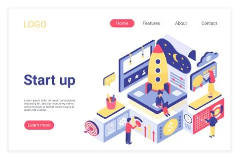 Startup landing page isometric vector template. Marketing team working, new Illustrazione stock