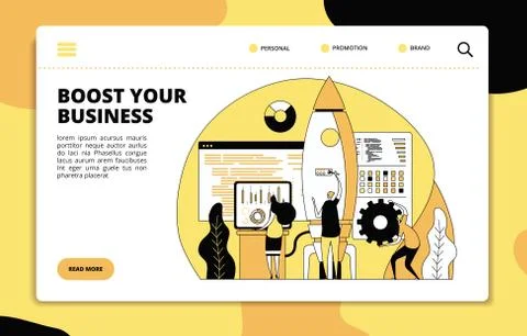 Startup landing page. Tech team launching rocket. Boost your business, project Stock Illustration