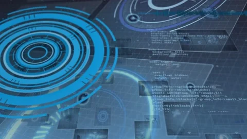 On startup large blue concentric HUD pulsing, rotating, connecting to code panel Stock Footage 329122498