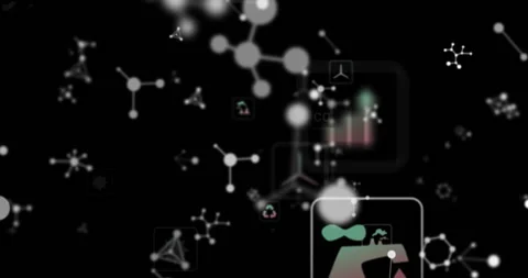 On startup large node spawning clusters as icons fading visualizing green Video stock 310971630