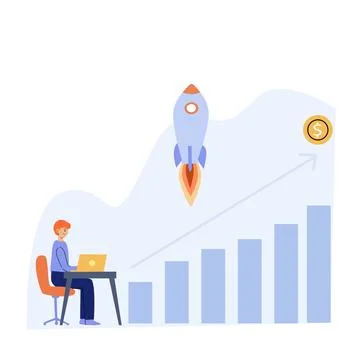 Startup launch and acceleration - business team with laptop, rocket, profit 스톡 일러스트