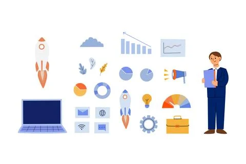 Startup launch and acceleration - business man with laptop, rocket, profit .. Stock Illustration