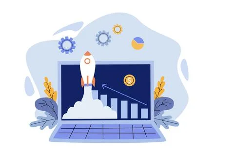 Startup launch and acceleration - business team with laptop, rocket, profit Stock Illustration