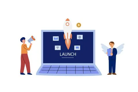 Startup launch and acceleration - business team with laptop, rocket, profit Stock Illustration