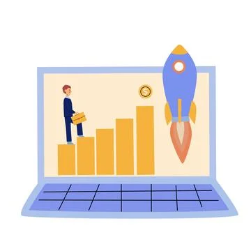 Startup launch and acceleration - businessman with laptop, rocket, profit cha Stock Illustration