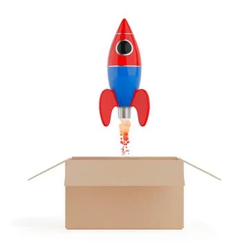 Startup Launch And Business Growth Concept. Colorful Rocket Taking Off From.. Stock Illustration