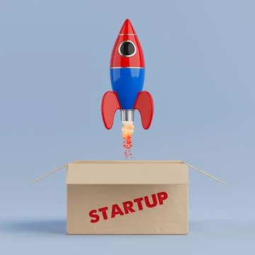 Startup Launch And Innovation Concept. Colorful Cartoon Rocket Taking Off F.. Stock Illustration