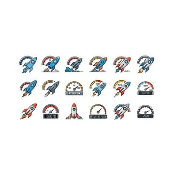 Startup launch and performance speedometer with rocketship icon collection Illustrazione stock
