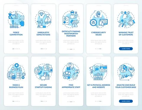 Startup launch blue onboarding mobile app page screen set Stock Illustration